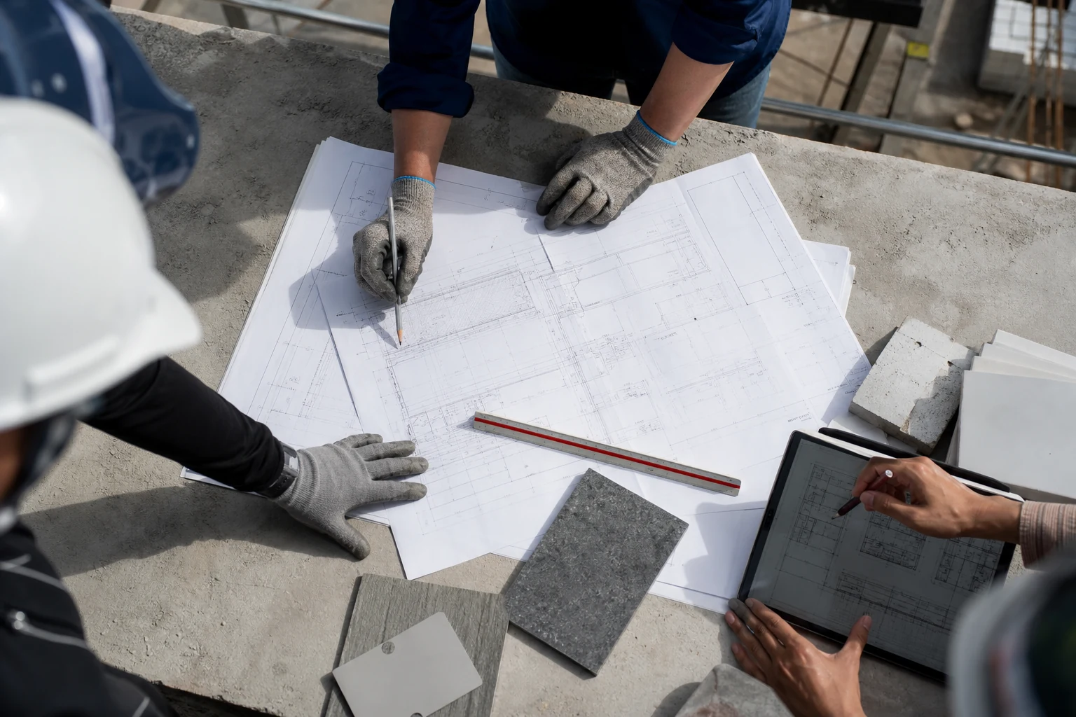Şantiyede plan üzerinde çalışan proje ekibi
